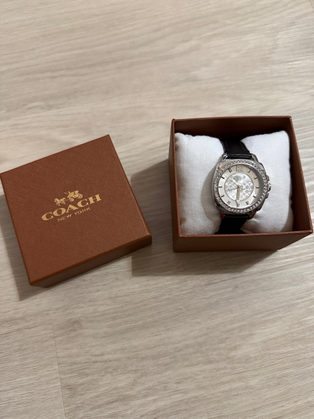 COACH Silver-Tone Crystal Bezel Watch with Black Leather Strap